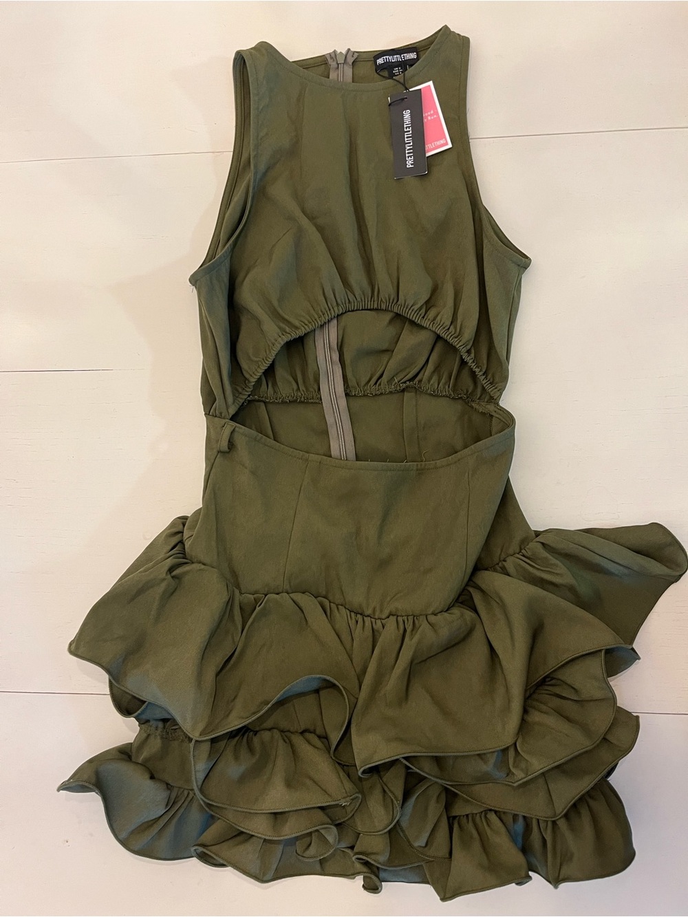 PrettyLittleThing olive green sleeveless mini dress cutout waist